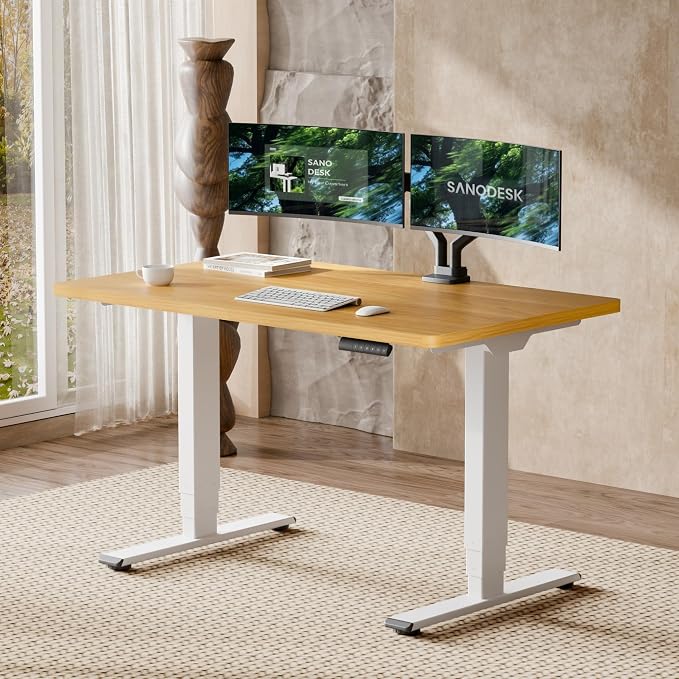 SANODESK Dual Motor Standing Desk 220lbs Height Adjustable Desk | 48"x30" Spacious One-Piece Maple Desktop & White Frame, 4 Memory Presets, 3-Stage Legs, 220lbs, 2-Box for Home & Office