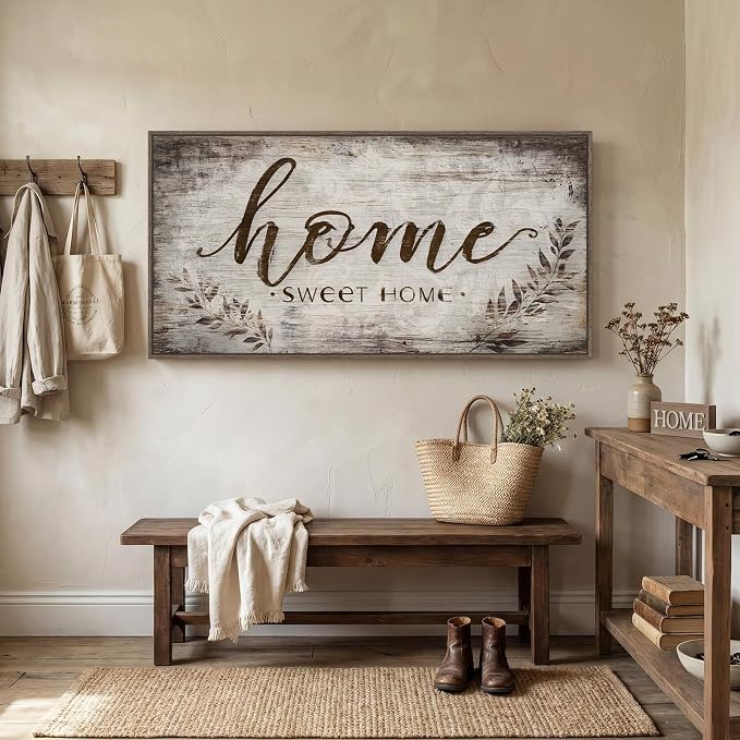 Large Framed Home Sweet Home Wall Art for Living Room, Vintage Rustic Brown Canvas Artwork for Walls, Family Sign Farmhouse Horizontal Painting Print Wall Decor for Bedroom Hallway Office, 30x60 Inch