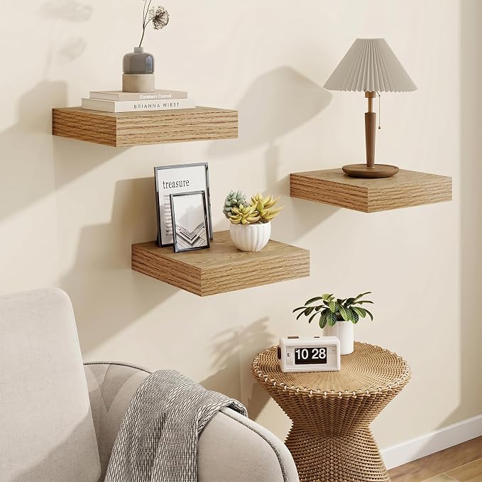 Marsmiles Square Floating Shelves for Wall, 12" W x 12" D x 1.5" H, 3 Pack Small Wall Mounted Engineered Wood Shelves with Invisible Brackets for Living Room, Bedroom, Bathroom, Kitchen Decor, Cedar