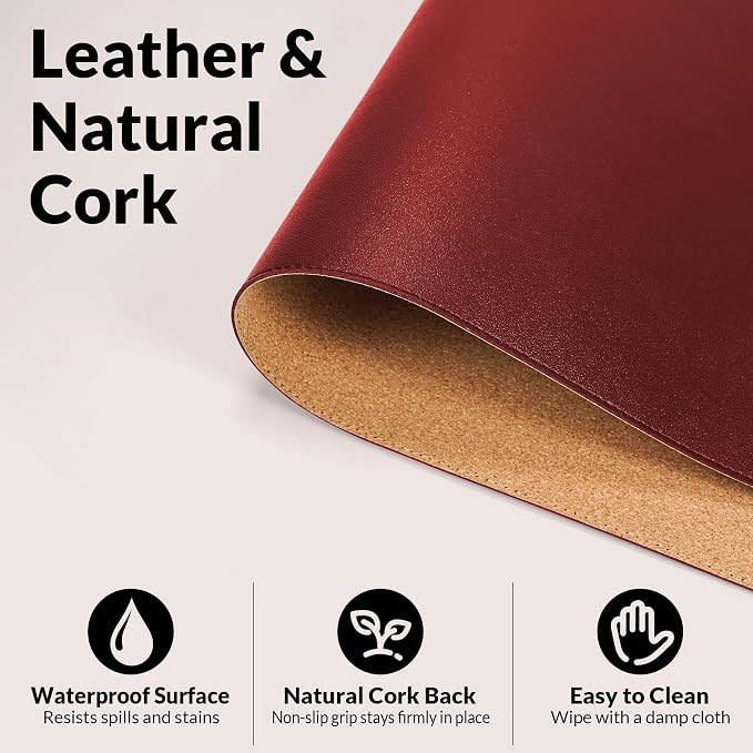 AFIING Leather Desk Pad Protector, 23.6" x 13.7", Red | Dual-Sided Cork & PU Leather, Waterproof, Non-Slip Mouse Pad & Writing Pad for Home, Office, Study & Laptop