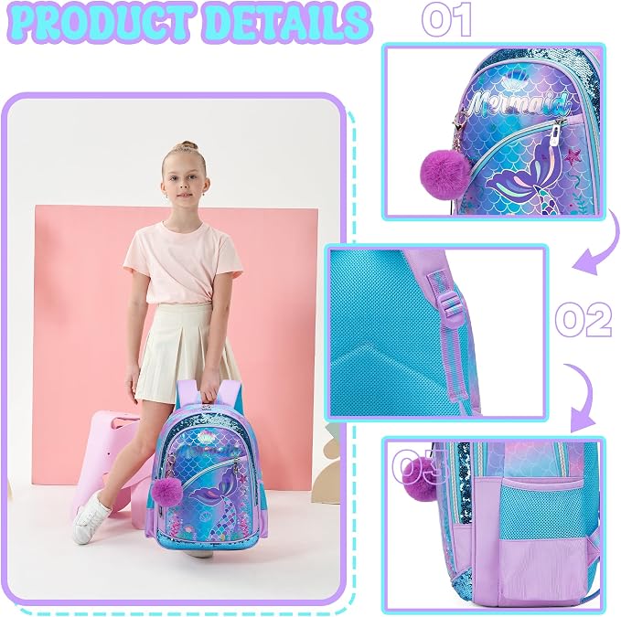 Meetbelify Mermaid Backpack for Girls School Backpack with Lunch Box for Elementary Student Teen Girls Cute School Bag Kids Bookbag for Girls 8-10 Purple