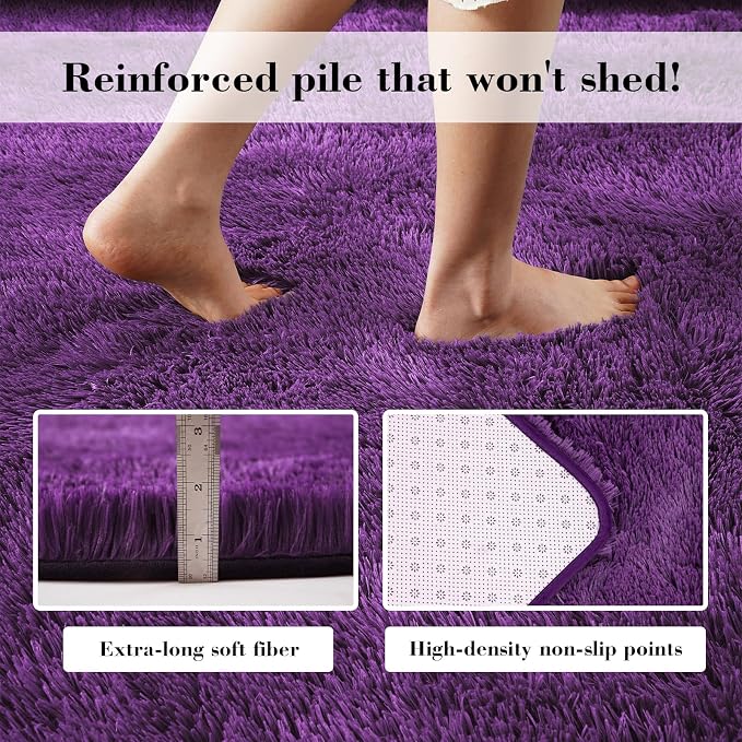 Purple Fluffy Rug Shag Area Rug, 3x5 Area Rugs for Girls Bedroom, Soft Play Mat, Indoor Floor Carpet for Teen, Preppy Dorm, Plush Aesthetic Bedside Rug