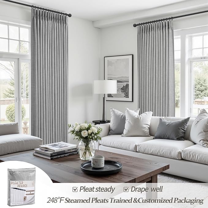 Extra Long 120 Inch Blackout High Ceiling Curtains for Living Room, Light Grey Memory Trained Pinch Pleated Soundproof Heat Blocking Two Layer Linen Textured Windows Curtain 10FT Length 2 Panels Set