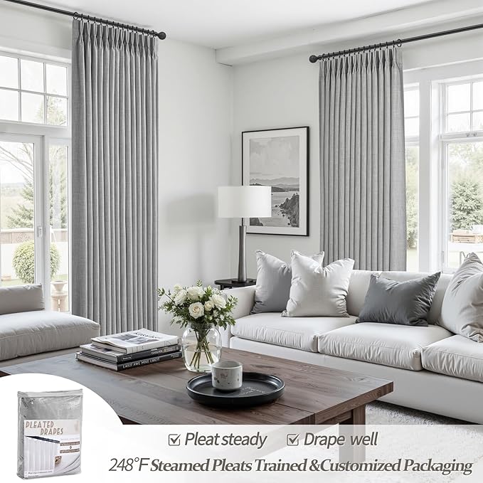 Custom Light Grey Blackout Dining Room Curtains 78 Inches Long 2 Panels Set, Memory Trained Pinch Pleated Double Layer Linen Thermal Noise Reducing Drapes Farmhouse Energy Efficient Windows Curtain
