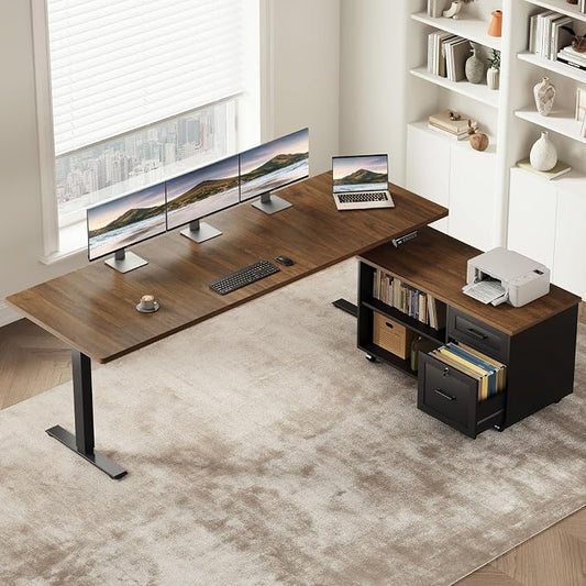 OffiGo 71" L Shaped Electric Standing Desk with File Cabinet, Walnut/Black | Mobile Drawers & File Cabinet for Flexible Layout, Height Adjustable Executive Stand Up Desk for Home Office Workstation