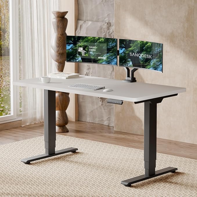 SANODESK Dual Motor Standing Desk 220lbs Height Adjustable Desk | 55"x28" Spacious One-Piece White Desktop & Black Frame, 4 Memory Presets, 3-Stage Legs, 220lbs, 2-Box for Home & Office