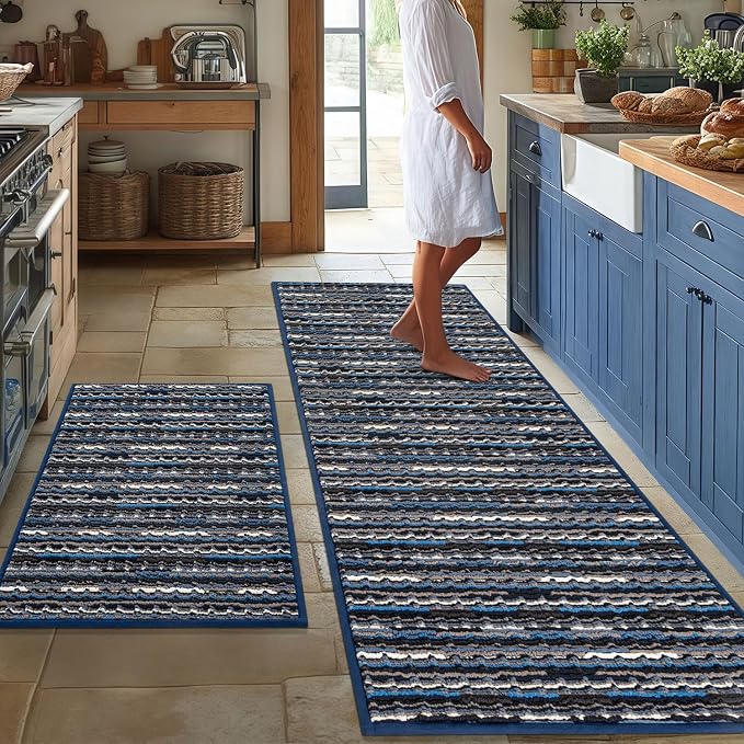 Kitchen Rugs Sets of 2-Non Slip Kitchen Mats for Floor-Thick Stain Resistant Vintage Kitchen Floor Mat Runner Carpet for Hallways Entryway Laundry Room Washable（Navy Blue 22"x59"+20"x32"）