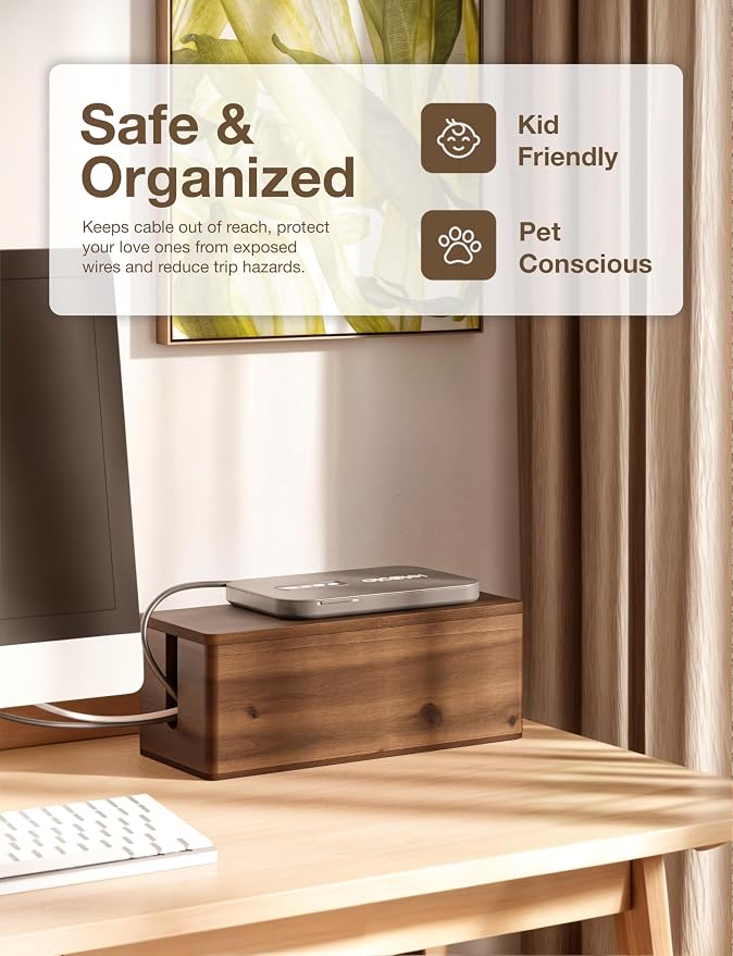 TIDITA 16" L Wooden Large Cable Management Box Round Edge (Walnut Color) | 2 Cable Entry Slots, Magnetic Lid, Non-Skid Pads, Solid Acacia Wood, Wooden Power Strip Box, Surge Protector Box