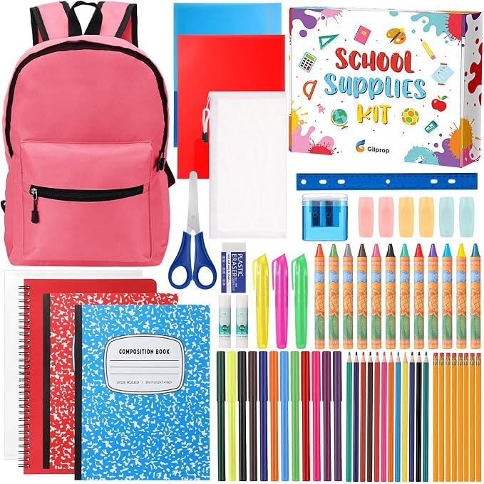 Gilprop 79 Pcs Back to School Supplies Box for Kids K-5 Students Elementary Middle School Supplies Kit Bundle Bulk Essential Pen Notebook Stationery for Primary Student Classroom(Pink)