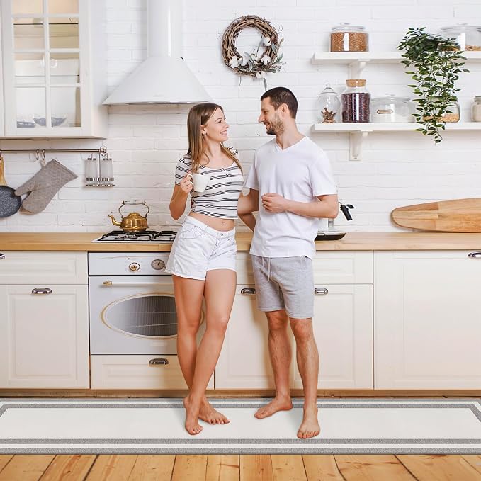 Kitchen Rugs Cushioned Anti Fatigue Kitchen Mats for Floor Ergonomic Comfort Standing Mat for Kitchen Non Slip Waterproof Memory Foam Kitchen Rug for Floor, Office, Laundry 17.3"x94.5" White