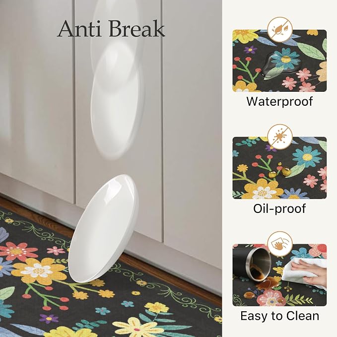GENIMO Anti Fatigue Kitchen Mats for Floor 2PCS, Cushioned Standing Mats | 17.3"x47"&17.3"x30", Black vintage floral rug set, waterproof, non slip, easy-clean for farmhouse