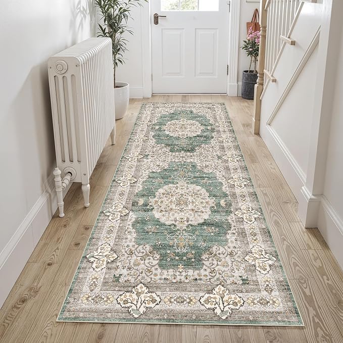 2x6 Washable Hallway Runner Rug:Oriental Indoor Kitchen Rugs Vintage Door Mat Non Slip with Rubber Backing Low Pile Thin Carpet for Bedroom Bathroom Living Room Bedside (2x6 Green/Beige)
