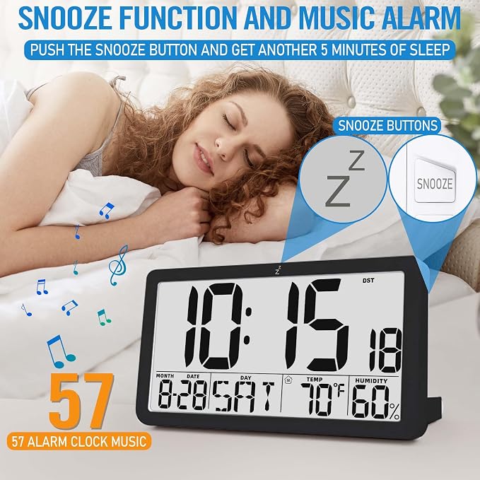 TXL Large Display Digital Wall Clock, Battery Operated with Temperature & Humidity, Auto DST, Date & Weekday, Easy Set Alarm, for Living Room, Bedroom, Office & Classroom (Black)