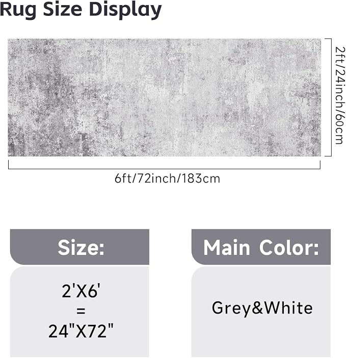 Abstract 2x6 Runner Rug for Home: Living Room Entryway Hallway Rugs Indoor Non Slip with Rubber Backing Extra-Soft Home Decor Mats for Bedroom Kitchen Distressed Ultra Thin Low Pile Carpets 2x6 Grey