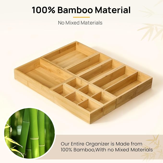 Vtopmart 7 Pack Bamboo Drawer Organizer Boxes, Junk Drawer Organizers | Natural Bamboo Storage Trays, Non-Slip Base, Kitchen Bathroom Office Vanity Drawers, Multi-Size Organizer Boxes, Makeup Tools