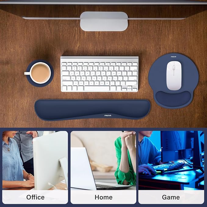 MOSISO Wrist Rest Support for Mouse Pad&Keyboard Set, Streamline Ergonomic Mousepad&Coaster Non-Slip Base Home/Office Pain Relief&Easy Typing Pad with Soft Cloth&Silicone Lining, Navy Blue
