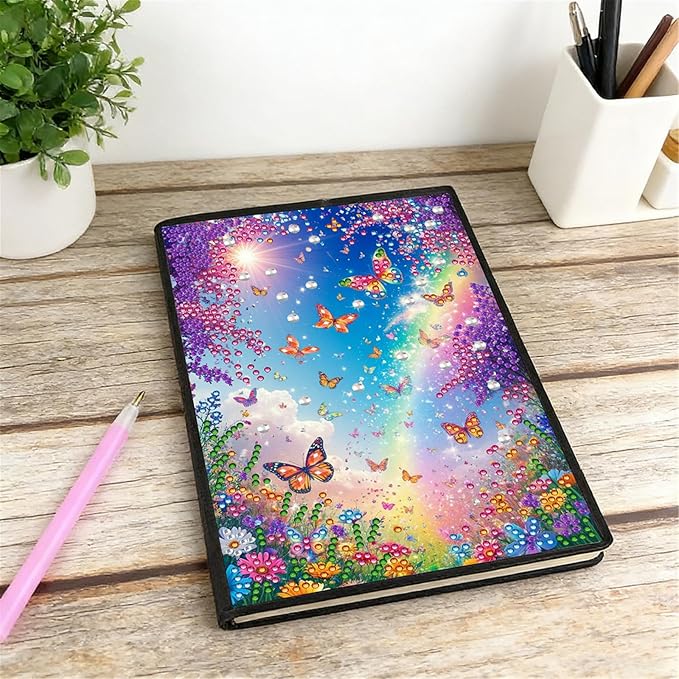 FRANDEK Diamond Art Painting Notebook Kit, Colorful Butterfly A5 DIY Journal with 50 Blank Pages, Crystal Rhinestone Cover with Waterproof Canvas, Beginner Craft Set with Full Tools for Adults