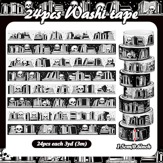 24 Rolls Gothic Book Shelf Washi Tape Set Per Roll, Skull & Book Pattern Decorative Tape Easy Hand Tear for DIY Crafts, Scrapbooking, Journaling, Gift Wrapping Study Planner Decoration