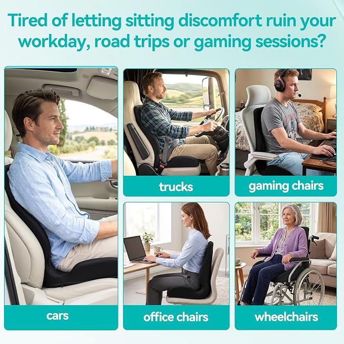 Seat Cushion with Back Support, Ergonomic Integrated Design | Memory Foam Seat Cushion with Lumbar Support Pillow, Relieves Coccyx & Sciatica Discomfort, Ideal for Office Chairs