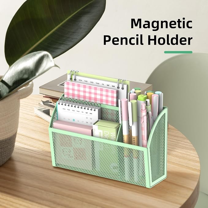 DALTACK Magnetic Pencil Holder - 3-Grid Mesh Shelf for Whiteboard, Refrigerator & Locker - Organizer for Home, School & Office, Mint Green