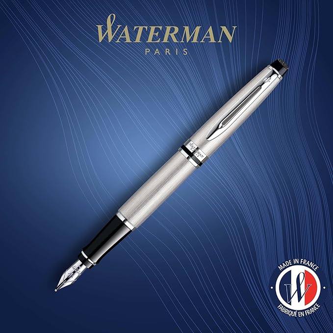Waterman Expert Fountain Pen, Stainless Steel with Chrome Trim, Medium Nib with Blue Ink Cartridge, Gift Box