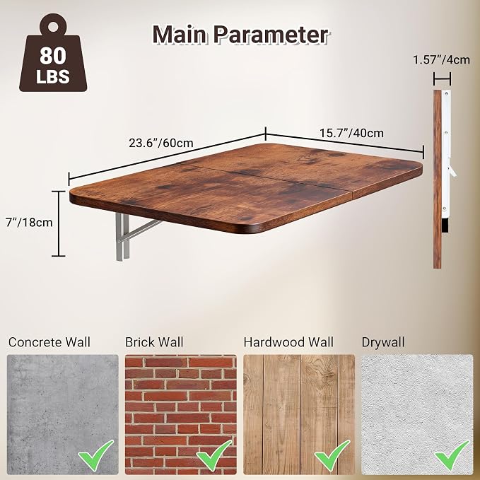 Neoaider Wall Mounted Folding Desk 23.6” x 15.7”, Drop Down Table with Metal Collapsible Brackets, Folding Wall Table for Small Spaces, Home, Office, Kitchen, Laundry Room-Brown