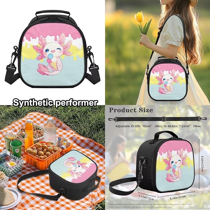 WELLFLYHOM Axolotl Ice Cream Kids Book Bags for Girls 10 Years Old Girls School Backpack 8-12 Elementary Junior Dayback Insulated Lunch Box Pencil Case Water Bottle Holder