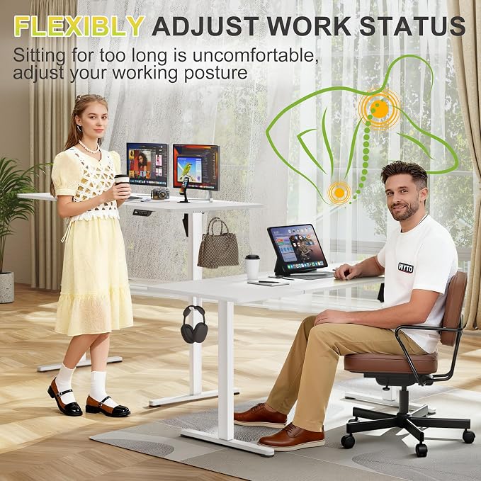 Furmax Electric Standing Desk, 63 x 24 Inches Sit Stand up Desk, Sit Stand Height Adjustable Home Office Desk with 4 Height Position Memory (White, 63)
