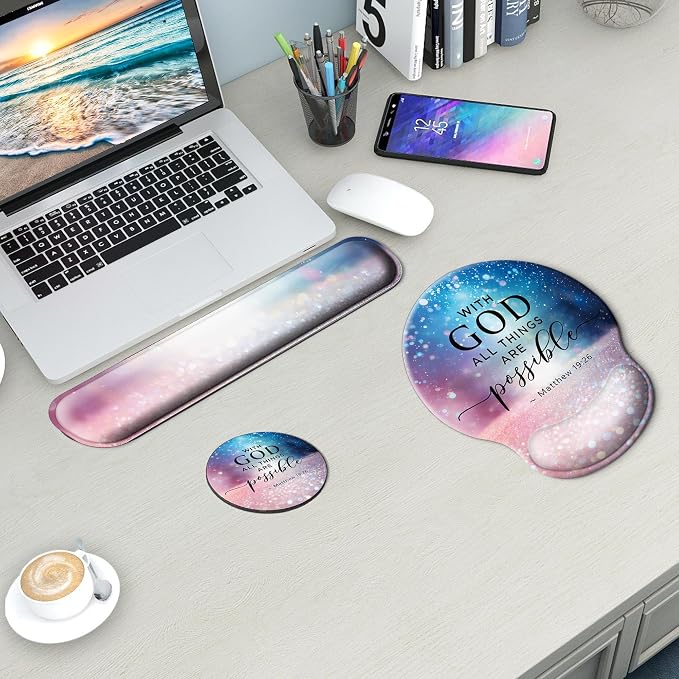 Mouse Pad and Keyboard Wrist Rest Support, with Non-Slip PU Base,Gel Mouse Pad with Coaster,Pain Relief for Gaming, Computer,Office -Night Sky