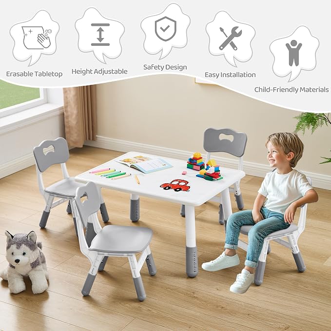 DOREROOM Toddler Table and 4 Chairs Set, Marble Top, No-Screw Legs, Grey | Graffiti Desktop, 31.5"L x 23.6"W, Frameless, Kids Ages 3-8, FSC-certified, Children Activity for Daycare, Classroom, Home