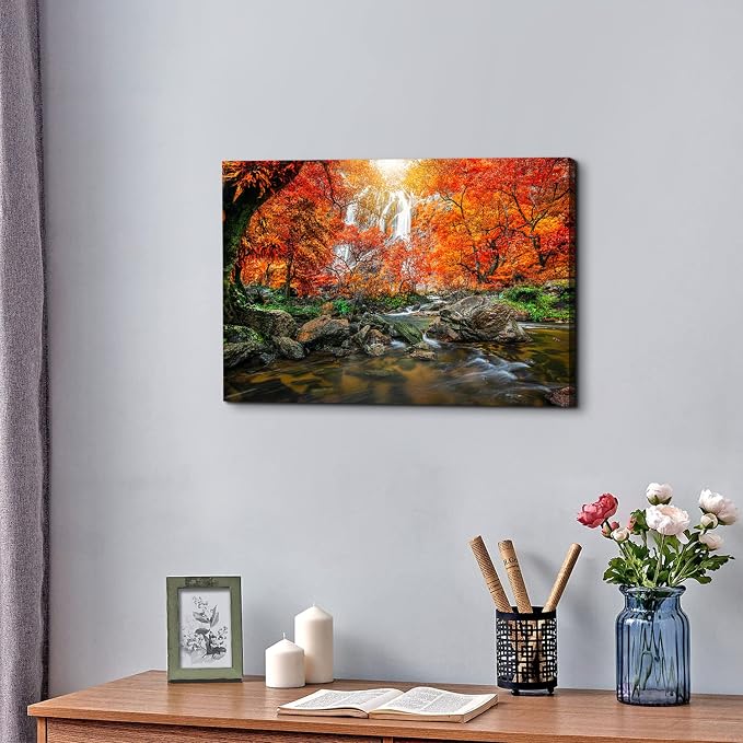 Nature Mountain Waterfall Canvas Wall Art Modern Scenic Framed Artwork Home Decor 16x24” Tropical Forest Scenery Orange Sunset River Landscape Picture for Living Room Bedroom Kitchen Office Decoration