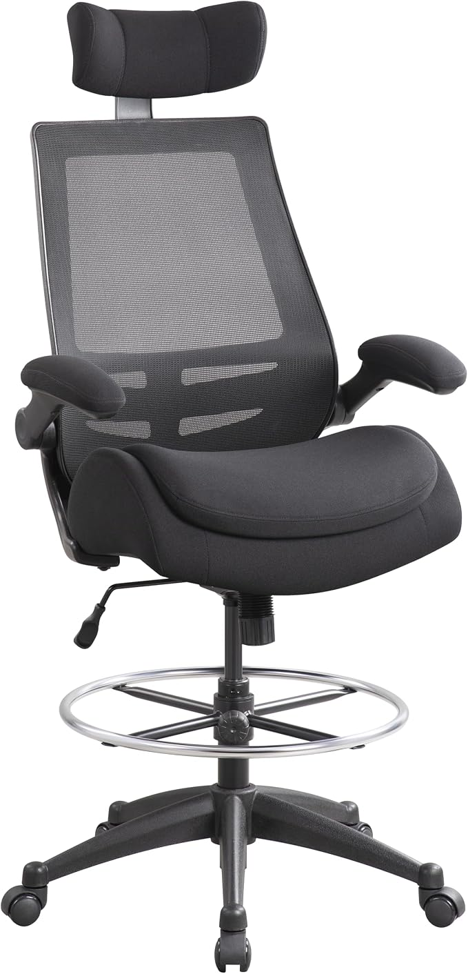 BOLISS Big and Tall Drafting Chair 400lbs - High Back Ergonomic Office Chair for Standing Desk with Double Thick Seat Cushion, Adjustable Foot Ring, Lumbar Support & Flip Up Armrests (Black)
