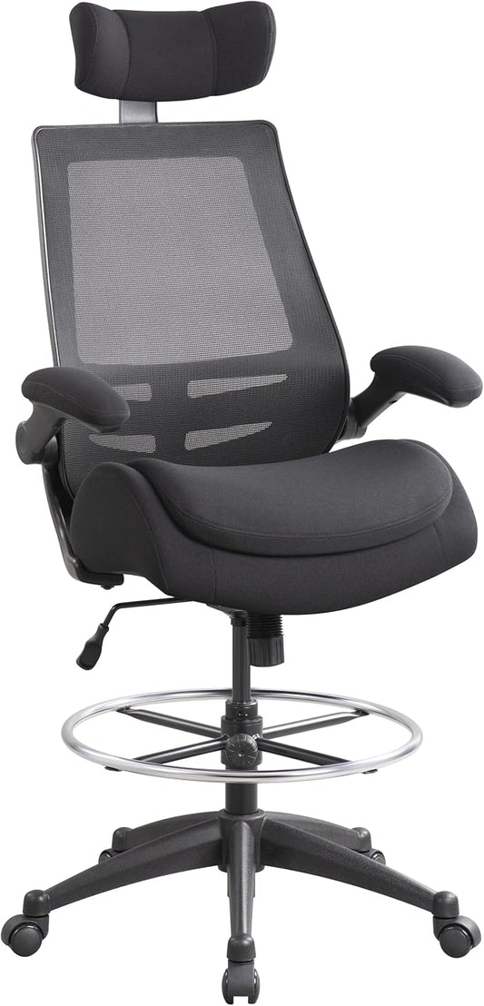 BOLISS Big and Tall Drafting Chair 400lbs - High Back Ergonomic Office Chair for Standing Desk with Double Thick Seat Cushion, Adjustable Foot Ring, Lumbar Support & Flip Up Armrests (Black)