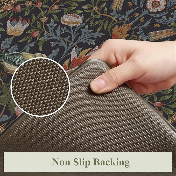 KIMODE Kitchen Mats Anti Fatigue,Cushioned Kitchen Rugs Runner | Navy Blue Green,Boho Floral Bird Kitchen Rugs Non Slip ,Wide Long Memory Foam Kitchen Floor Mat for Laundry Sink Office Home