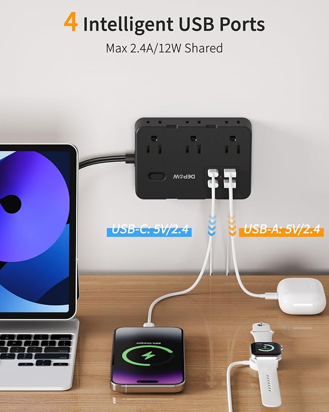 DEPOW 2 Prong to 3 Prong Adapter Power Strip, 5FT Black Extension Cord with 6 Outlets & 4 USB Ports (2 USB-C), 1050J Two Prong Surge Protector, Wall Mount - Ideal for Old Houses