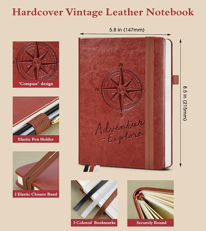 PAIBAS Lined Journal Notebook for Women Men, 160 Pages, A5 Hardcover Vintage Leather Journaling Notebooks for Work, School, Note Taking, Travel, Bible Study, Daily Diary for Writing 5.8"x8.5" (Brown)