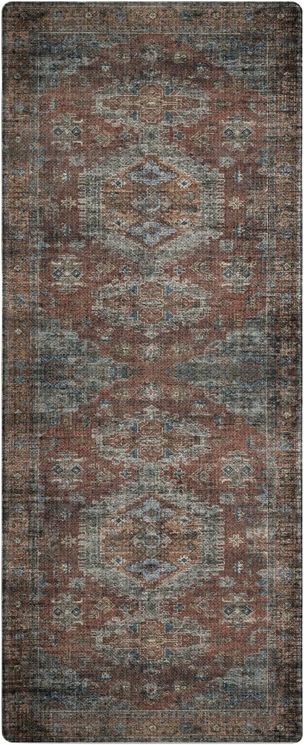 Color&Geometry Kitchen Floor Mat 24x59 Faded Boho Anti Fatigue,Dark Red | 0.4in Cushion Standing Mat For Cooking/Working/Laundry, Boho Decor, Non Slip PVC Kitchen Rug, Oil/Water Proof, Anti Slip