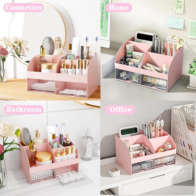 COMFYROOM Pink Desk Accessories with Pen Holder, Pink Office Supplies Desk Organizers and Accessories for women, Tape Dispenser, Stapler, Staple Remover, Staples, Clips Set, Ruler, Scissor, Pen, Tape