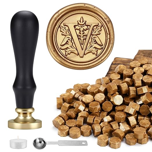 Yoption Traditional Initial Alphabet Wax Seal Stamp with 120 Antique Gold Wax Seal Beads Kit for Wedding Engagement Party Invitation Envelope Christmas Gift Wrap - Letter V