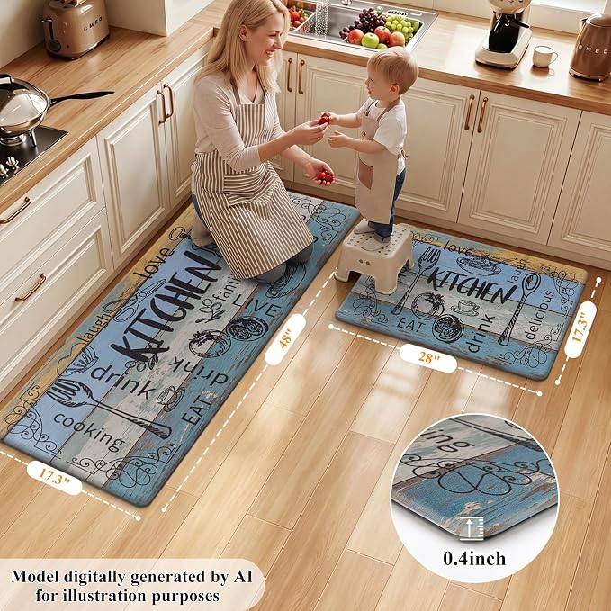 HEBE Anti Fatigue Kitchen Rugs Set of 2, Non Slip Cushioned Kitchen Mats for Floor, Waterproof Farmhouse Comfort Standing Desk Mat for Kitchen Sink,Office,Laundry
