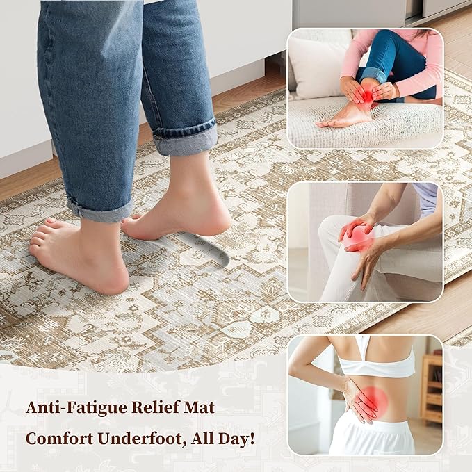 Boho Kitchen Mats for Floor 2 Piece Set Anti Fatigue Cushioned PVC Kitchen Rugs Non Slip Waterproof Farmhouse Mats 2/5 Inch Comfort Standing Mat for Sink, Laundry, 23.6"x39"+23.6"x59", Beige Tan