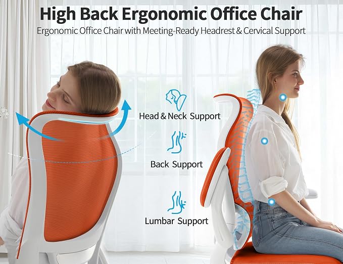 TRALT Ergonomic Office Chair- Desk Chair with Adjustable Lumbar Support | Big and Tall Back Ergonomic Desk Chair - Home Office Mesh Chairs and PU Leather Seat for Home Reading to Adults(Orange)