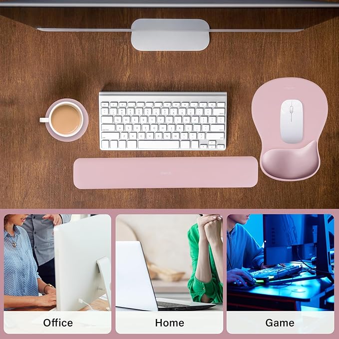 MOSISO Wrist Rest Support for Mouse Pad&Keyboard Set, Ergonomic Mousepad&Coaster, Non-Slip Base Home/Office Rectangular Easy Typing Cushion Pad with Soft Cloth&Curved Concave Memory Foam, Pink