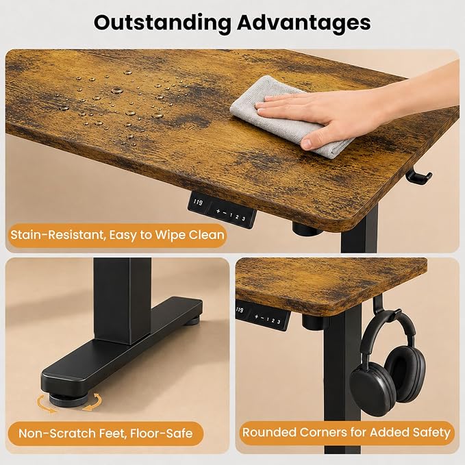Electric Standing Desk, 40" x 24" Adjustable Height Sit Stand Desk, Small Space Workstation, Compact Computer Desk for Home Office, Stable Steel Frame (Rustic)