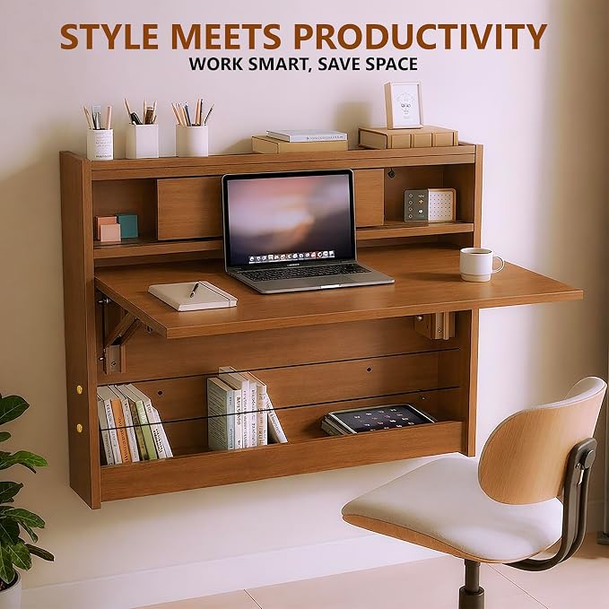 Wall Mounted Desk 31 Inches, Folding Table with Shelves, Space Saving Computer Desk, Floating Table, Multi-Purpose Folding Desk Perfect for Workstations, Dining, or Laundry Area.