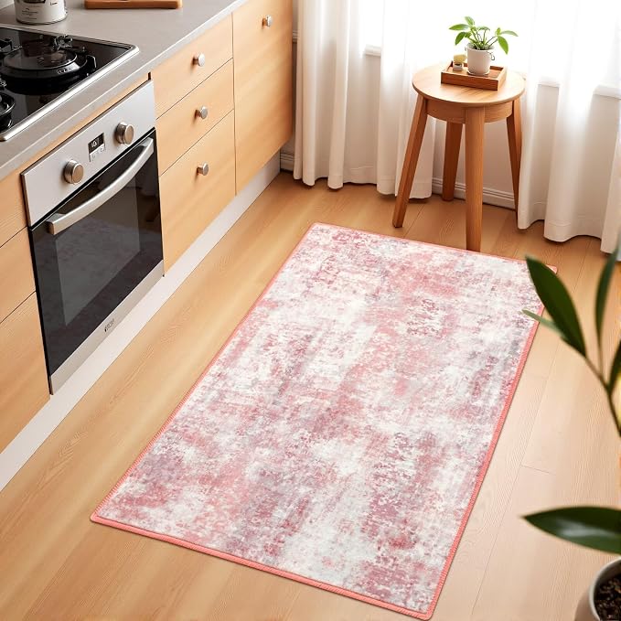 Macgace Washable Abstract Rug, 2x3 Small Modern Area Rugs with Non-Slip Rubber Backed for Kitchen, Thin but Soft Throw Carpet Bedroom Entryway Front Door Decor, Pink