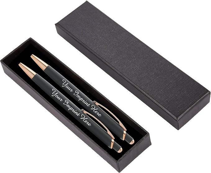 Custom Pens Gift Set - 2 Pack of Majestic Rose Gold Pens - Soft Touch Metal w/gift box - Luxury Ballpoint Pen Personalized Engraved with Name | Perfect for Him or Her (Black - Black)