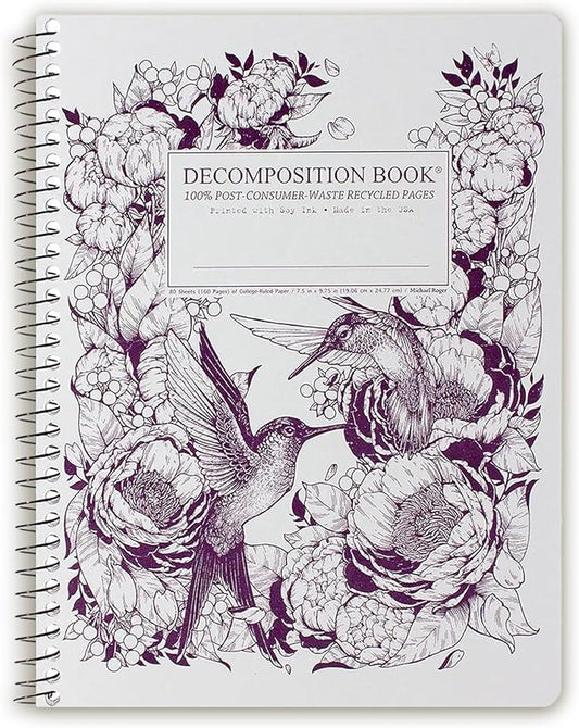 Decomposition Hummingbirds College Ruled Spiral Notebook - 9.75 x 7.5 Journal with 160 Lined Pages - 100% Recycled Paper - Notebooks for School Supplies, Home & Office - Made in USA