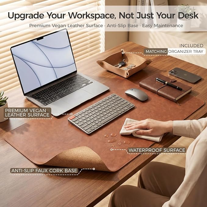 Premium Faux Leather Desk Mat & Tray Set，Innovative Cork-Look Printed Base，Gift Tube Packaging，Full-Desk Coverage，Non-Slip Desk Pad for Office Home（Cognac Brown）