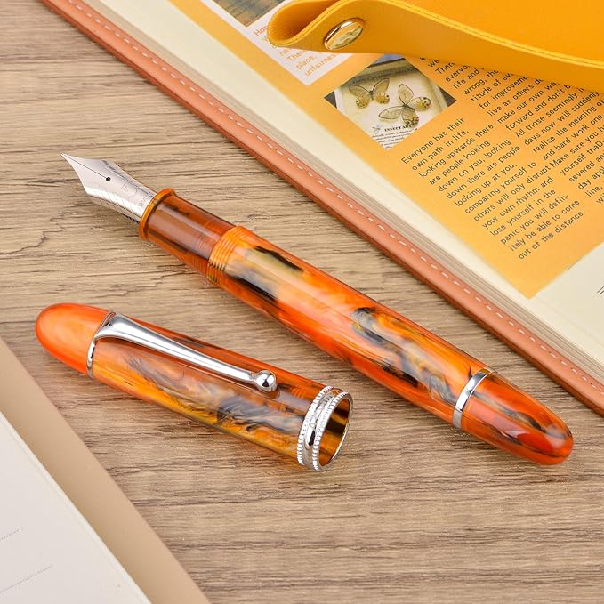 Asvine V800 Fountain Pen – Vacuum Filling System with Large Ink Capacity – Smooth Number 8 Medium Nib with Gift Case and Wrench- Amber Acrylic